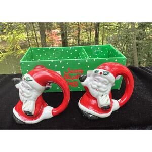 2 Adorable Vintage Ceramic Christmas Napkin Rings Santa Claus -S64